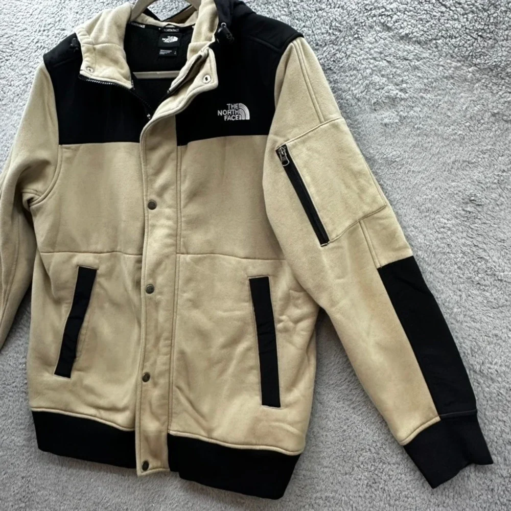 The North Face Men's Large Fleece Hooded Jacket Tan Black Colorblock Full Zip